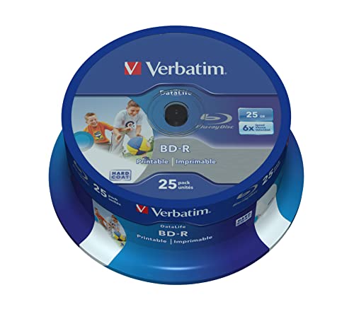 Verbatim BD-R SL Datalife Blu-ray Rohlinge 25 GB, Blu-ray-Disc mit 6-facher Schreibgeschwindigkeit, 25er-Pack Spindel, großflächig bedruckbar, Blu-ray-Disks für Video- und Audiodateien