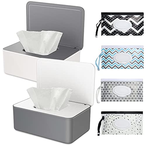 2 Stück Baby Feuchttücher Box und 4 Stück Baby Feuchttücher Spenderbeutel Set, Feuchtes Toilettenpapier Box, Halten Sie die Tücher feucht, rutschfest, leicht zu öffnen und zu schließen