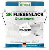 derendo 2K Fliesenlack weiß glänzend (RAL 9010) Epoxidharz mit Härter weiße Fliesenfarbe Badezimmer Fliesenlack 2K Lack Badewanne reinweiss für Innen & aussen (2.5, Kilogramm)