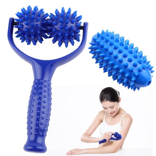 Massageroller Mit Griff,Auswechselbare Massage Roller mit 3 Igelball Massageball,Selbstmassagerolle,Massagegerät Fascia Ball,Igelball Fußmassage für Beine RüCken Arme Schultern Muskelschmerzen(Blau)