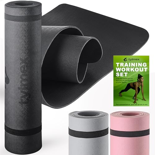 Tylmex TPE YogaMatte Rutschfest mit Tragegurt und Habit Trackern - 6 mm Dicke Yoga Matte - Gymnastikmatte für Workout und Heimtraining - Schwarz Sportmatte