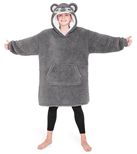 CityComfort Übergroße Hoodie Decke Kinder Fleece Oversize Kapuzenpullover Mädchen Teenager mit Sherpa-Futter und Kängurutasche Geschenk Ideen (Grauer Koala)
