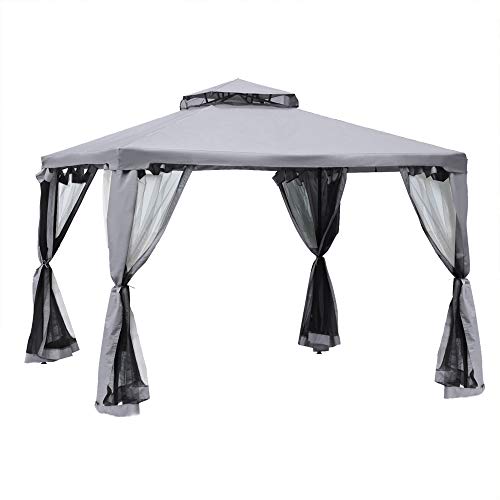 Outsunny Pavillon mit Doppeldach, ca. 3x3 m Wasserdicht Stabil Winterfest Gartenpavillon mit Moskitonetz, Seitenteile, Garten-Pavillon aus Metall, für Garten, Terrasse, Hellgrau