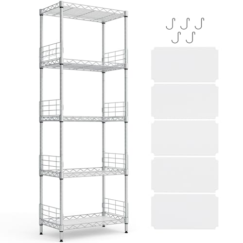 LINSY HOME Standregal mit 5 Regalböden, Metallregal, Gitterregal Metall, Vorratsregal Schwarz mit Abnehmbare Haken für Keller, Wohnzimmer, Büro, bis 225 kg Belastbar, 54 x 29 x 150cm H (Silber)