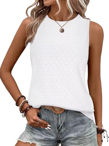 BAISHENGGT Damen Tank Tops Sommer Rundhals Ärmellos Ausgehöhlt Basic T Shirt Oberteile Weiß M