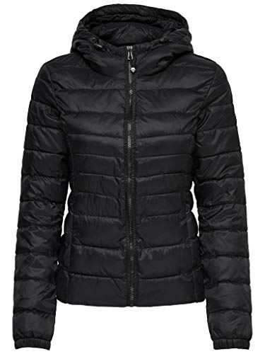 ONLY Damen Leichte Steppjacke ONLTAHOE Wattierte Herbst Frühling Übergangsjacke mit Kapuze & Reißverschluss, Farben:Schwarz, Größe:L