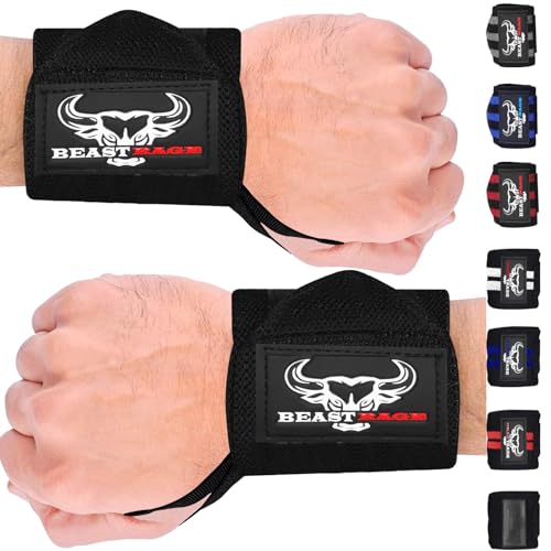 BEAST RAGE Handgelenk Bandagen (Gym Wrist Wraps) Kraftsport Handgelenkstütze Gelenkbandage Schlaufen Krafttraining Workouts Übungen (Schwarz Voll)