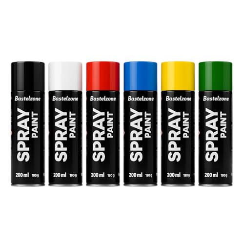 Sprayfarben-Set 6 Farben je 200 ml. Schnelltrocknende Sprühfarben für Holz, Stein, Wand, Metall, Glas. Ideal für Reparaturen, Graffiti usw. Glänzend, Spraydose, Hochglanz, Sprühlack