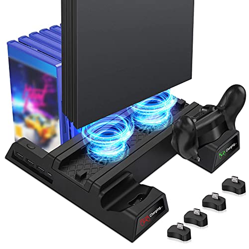 EEEKit PS4 Vertikaler Ständer Kühlung Lüfter, Vertical Stand Standfuß mit Lüfter, 2 PS4 Controller Ladesation, USB Hub & 12 Spiele Lagerung, Kompatibel mit Playstation 4/PS4 Slim/PS4 Pro