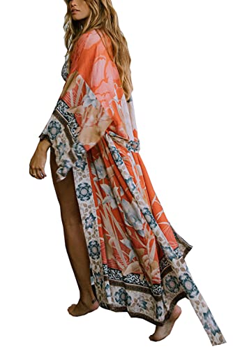 YouKD Damen Baumwoll Cardigan Bohemian Lang Kimono Beach Badeanzug Cover Up Kleid Plus Size Robe