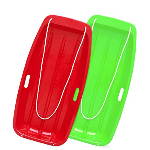AKLIFFE Schlitten Bob Schlitten Kinder mit 2 Zugseil, 89 cm Bob Schlitten Erwachsene zum Rodeln mit Handgriffe für Unisex Kinder Erwachsene Wintersport (Rot+Grün)