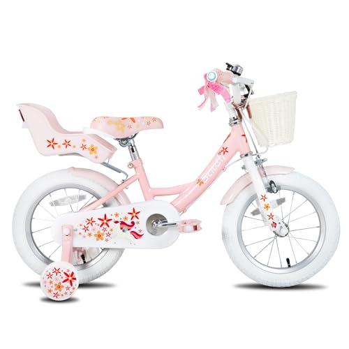 STITCH Einhorn 16 Zoll Kinderfahrrad für 5-7 Jahre Mädchen mit Puppe Fahrradsitz Kinder Prinzessin Fahrrad mit Stützrädern Korb, Rosa