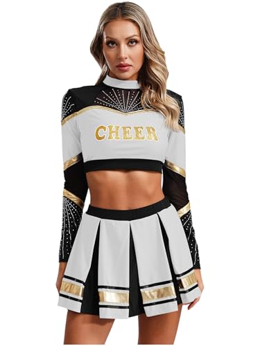 RUNQHUI Damen Cheer Leader Kostüm Zweiteiler Crop Tops mit Faltenrock Cheerleading Uniform Tanzkleid Halloween Karneval Fasching Partykleid Weiß M