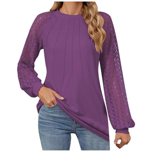 Spitzenärmel Oberteile Wrap T-Shirt Damen Elegant Blusen Langarmshirt Spitzenshirt für Frühling Outfits Bluse Damen Spitzen Tunika Locker Party T-Shirt Langen Ärmeln