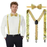 LYNBLY Glitzer Pailletten Hosenträger Set Mit Fliege - Einstellbar Elastisch für Damen Und Herren - Kostüm Party Zubehör für Karneval Und Show