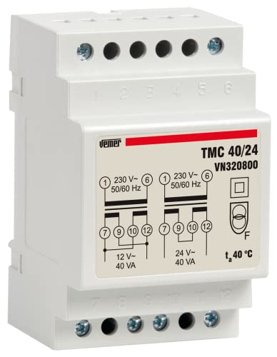 VEMER VN320800 TMC 40/24 - Trafo für Hutschienen mit Primärspannung 230V, Sekundärspannung 12-24V und Leistung 40VA, Weiß