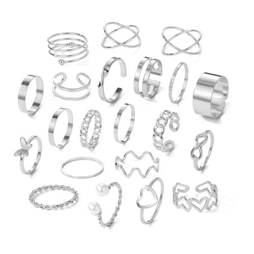 Vintage Knuckle Rings Set für Frauen, 21 Stück Girls Stackable Offene Knöchel Rings, Einstellbare klobige Daumenringe, böhmische Perle offene Ringe GIfts für Frauen Mädchen (Silber Ring Set 1)