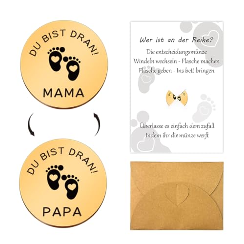 Entscheidungsmünze Papa Mama, Geschenke Zur Geburt, Neue Eltern Geschenk Geburt, Geschenk für Werdende Mutter Werdender Papa, Schwangerschaftsgeschenk, Taufgeschenke für Mädchen Jungen Baby (Gold)