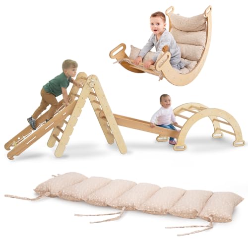 Goodevas 5in1 Montessori Klettergerüst Set: Indoor Kletterdreieck, Kletterbogen mit Kissen, Kletternetz und Rutsche für Kinder 1-7 Jahre (XL-Größe)