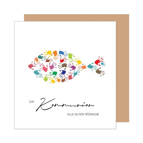 Edition Seidel Premium quadratische Glückwunschkarte zur Kommunion mit Umschlag. Kommunionskarte mit Spruch Karte Grußkarte Junge Mädchen Jugendliche Fisch Handabdrücke (KOQ123 SW025)