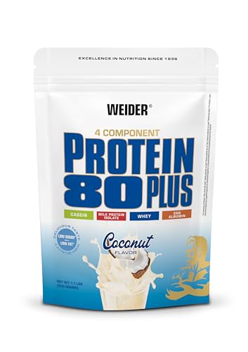 WEIDER Protein 80 Plus Mehrkomponenten Protein Pulver, Eiweißpulver für cremige, unverschämt leckere Eiweiß Shakes, Kombination aus Whey, Casein, Milchprotein-Isolat & Ei-Protein, Kokos, 500g