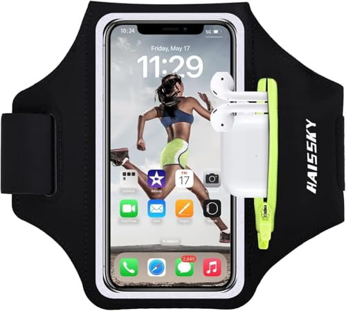 HAISSKY Handy Schweißfest Sportarmband Mit Kopfhörer Tasche für iPhone 16 15 14 13 Pro Max/iPhone 11/11 Pro/XR/XS/X/8 Plus/7 Plus/8/7/6s,Huawei P20/P30 Pro/Mate 20 Xiaomi,LG Mit Kabelfach/Kartenhalter