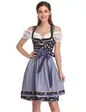 KOJOOIN Trachtenkleid Damen Dirndl Trachtenkleid Kurz mit Stickerei Exklusives Designer für Oktoberfest - DREI Teilig: Kleid, Bluse, Schürze Blumen-Dunkelblau 36