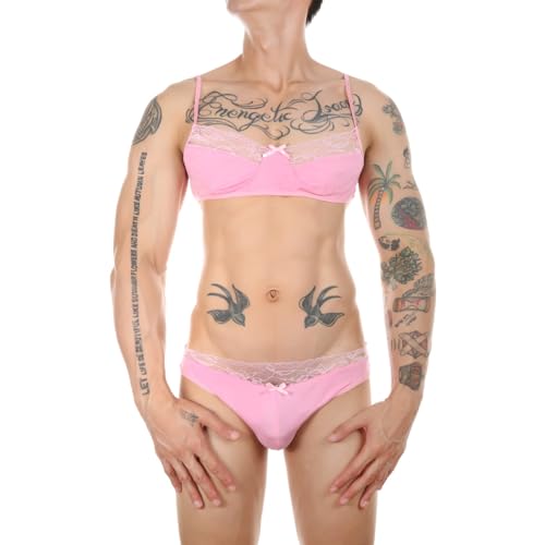 MSemis Herren Sissy Unterwäsche Spitze BH und Slip Set Sexy Männer Erotik Dessous Bikini Set Reizwäsche Nachtwäsche Rosa XXL