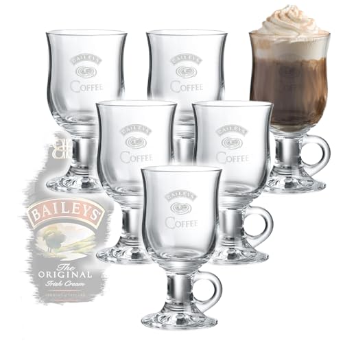 QMBasic 6 Stück Gläser BAILEYS IRISH COFFEE CREAM mit Henkel | Mazagran Glas für Heißgetränke Henkelglas Set