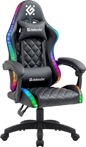 Defender® Gaming Stuhl mit RGB-Beleuchtung, Ergonomischer PC Stuhl, bequemer Bürostuhl für Home Office oder Gamer-Sessel, Kopfkissen, Höhenverstellbar, Computerstuhl, PVC-Leder, Schwarz