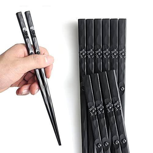 AOOSY 5 Paar faserglasgeschirrspülersichere Essstäbchen im japanischen Stil Schönes Muster Schwarze Sushi rutschfeste Essstäbchen Essstäbchen aus schwarzer Legierung mit Geschenkbox