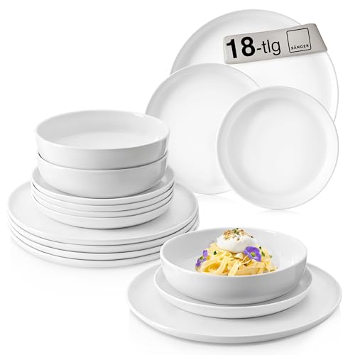 SÄNGER |Tafelservice Marlo weiß, 18-teiliges Geschirrset für 6 Personen aus Porzellan, Speise-, Dessert- & Schalen, moderne Form, spülmaschinenfest, Essgeschirr, Teller Set PREMIUM COLLECTION