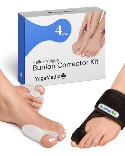 YOGAMEDIC Hallux Valgus Korrektur Set - 2 Zehenspreizer & 2 Hallux Valgus Schiene - 0% BPA Zehentrenner Einlagen für Schuhe, Hammerzehen Korrektur, Zehenschutz Tag & Nacht Bandage für Damen & Herren