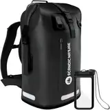 SCANDIC NATURE Pioneer 55L wasserdichter Rucksack schwarz mit Rolltop Verschluss - extra robust Dank Boden mit 1000D PVC LKW-Plane, 3 Reflektor-Streifen Rollverschluss, wasserfeste IPX8 Handyhülle