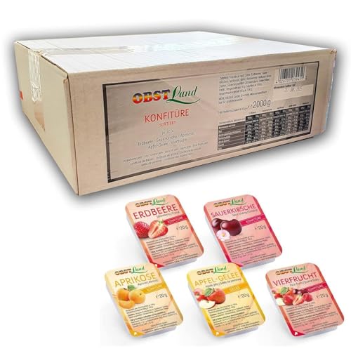 Obstland Konfitüre kleine Portionen 5-fach sortiert 100 x 20g | Marmelade in Portionspackungen für Gastro | Erdbeer, Aprikose, Kirsche, Apfel-Gelee & Vierfrucht | Für Gastronomie, Hotels, Imbiss