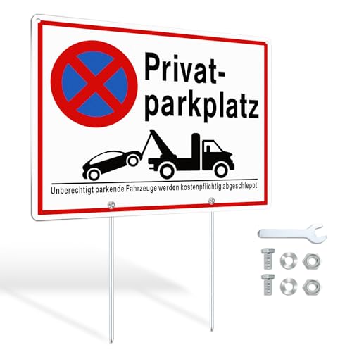 SINMAO XL Schild Privatparkplatz mit Erdspieß, Privatparkplatz Schild mit Pfosten Halterung 25x35cm Aluminium mit Installationszubehör