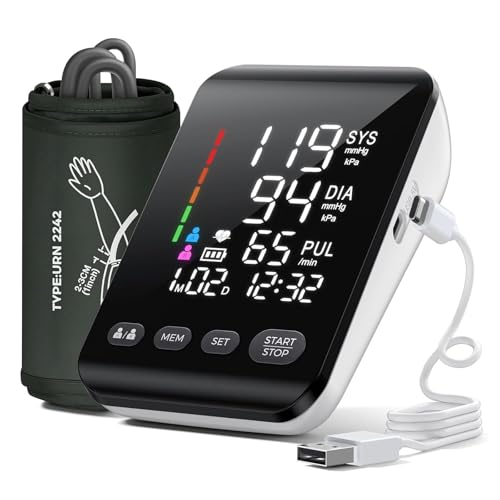 Aidisy Blood Pressure Monitor, Blutdruckmessgerät Oberarm mit Hochauflösende LED-Anzeige, für Oberarmumfänge von 22-42 CM, Speicherung von zwei Benutzern 2 x 199, AA-Batterie/Typ-C-Ladekabel
