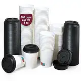 100 Einwegbecher mit Deckeln, 240 ml / 8 oz, weiße, robuste und geruchsfreie Pappbecher, auslaufsicher und besonders praktisch für Kaffee, Tee oder kühle Erfrischungsgetränke unterwegs.