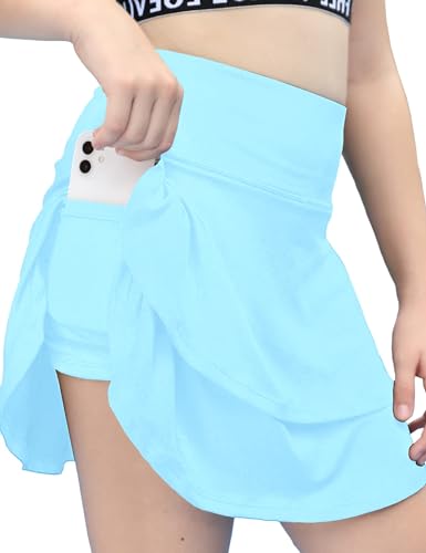 Haloumoning Mädchen Rock Sommer Tennisrock für Kinder Faltenrock Sport Skater Skorts Röcke A-Linie Geschichtet Rüsche Golfrock mit Taschen Blau 8-9 Jahre