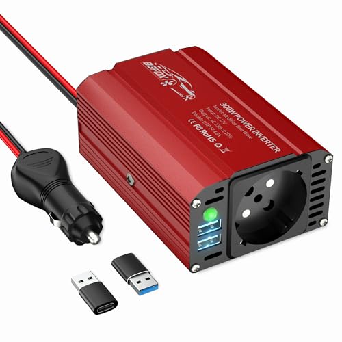 BGFOX 300W Spannungswandler DC 12V auf 230V AC Wechselrichter Modifizierte Sinus Stromumwandler mit 4.8A-Dual-USB-Anschluss, Laden Sie Ihr Laptop, iPhone, iPad, Tablet Und Mehr - Rot