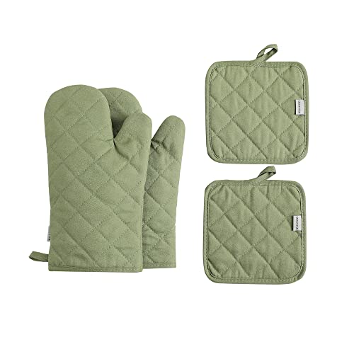 M Miaoyan Ofenhandschuhe und Topflappen, 4-teiliges Set, hohe Hitzebeständigkeit, 500 Grad, extra dick, lang, Küchen-Baumwoll-Ofenhandschuh zum Kochen (30,5 cm, grün)
