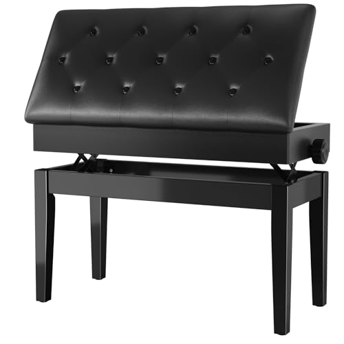 Klavierhocker Höhenverstellbar 2 Personen, Klavierstuhl mit Stauraum, Klavierbank 72x33x48-58CM, Klavierbank mit PU Lederkissen, Klavier Hocker bis 200KG Belastbar, Massivholz Keyboardbank, Schwarz