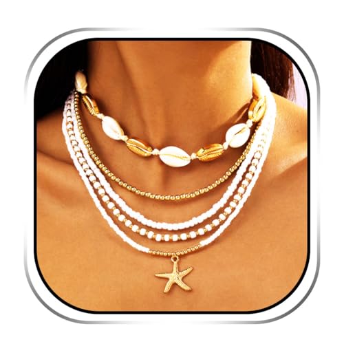 Handcess Boho-Perlen-Halskette, mehrlagig, weiße Muschel-Choker-Halsketten, Seestern-Anhänger, Halskette für Frauen, Einheitsgröße, Muschel, Seestern, Perlen, Kein Edelstein