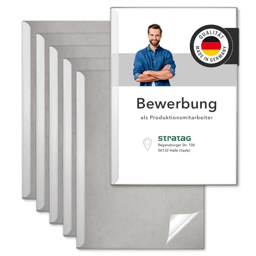 STRATAG Klemmschienen-Bewerbungsset Start Basic (Grau, 5 Stück) mit transparentem Deckel aus PP Kunststoff sowie Binderücken aus robustem 290 g/m² Karton Lederstruktur (5 Bewerbungsmappen Grau)