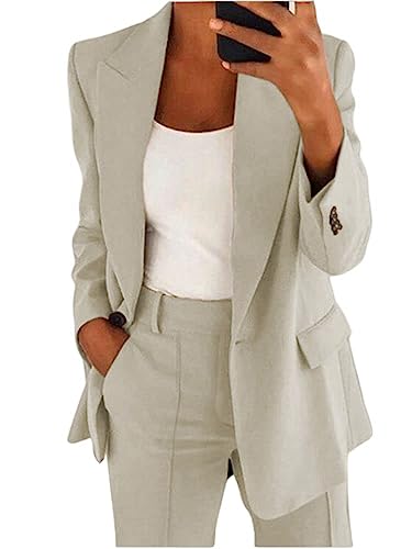 shownicer Damen Hosenanzug Elegant Business Anzug Set Revers Büro Blazer Hose 2-teilig Anzug Zweiteiler Slimfit Festlich Sportlich Streetwear A Beige M