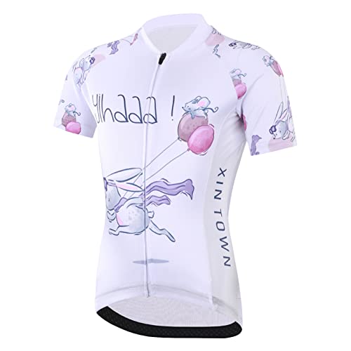 SXSHUN Kinder Jungen Radtrikot Set Mädchen Fahrrad Trikot Fahrradanzug Kurzarm Shirt&Radhose Radsport Anzug, Weiß+Kaninchen, 122-128