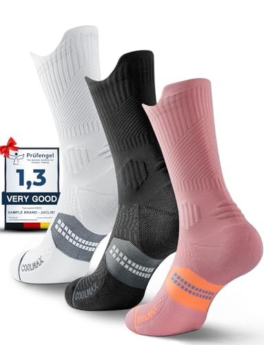 Juclise Kompressionssocken aus Bambus-Viskose zum Laufen, feuchtigkeitsableitend, Anti-Blasen-Socken zum Wandern, Sport, Radfahren (DE/NL/SE/PL, Numerisch, 38, 42, Regular, Regular, Schwarz+Weiß+Rosa)