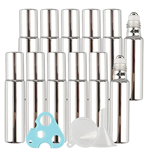 ZEOABSY 24 Stücke 10mlSilber UV-Beschichtetes Ätherische Öle Roller Flaschen mit Edelstahl Roller Bälle Glasflaschen Parfümflasche Reiseflaschen für Aromatherapie + 2 x Trichter,1 x Öffner