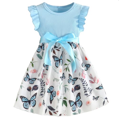 Codkkre Mädchen Kleid Blumen Bowknot Kinder Kleider Rüschenärmel A-Linie Mädchen Kleid Sommer Ostern Mädchen Kleid Rundhals Blauer Schmetterling 110