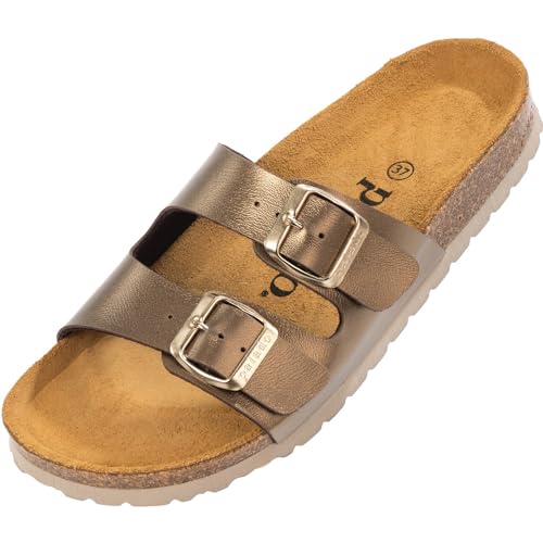 Palado Pantoletten Damen Milos Metallic – elegante Sandalen Made in Spain - bequeme Hausschuhe mit Kork-Fußbett - modische Sommerschuhe bronze UK7 - EU40